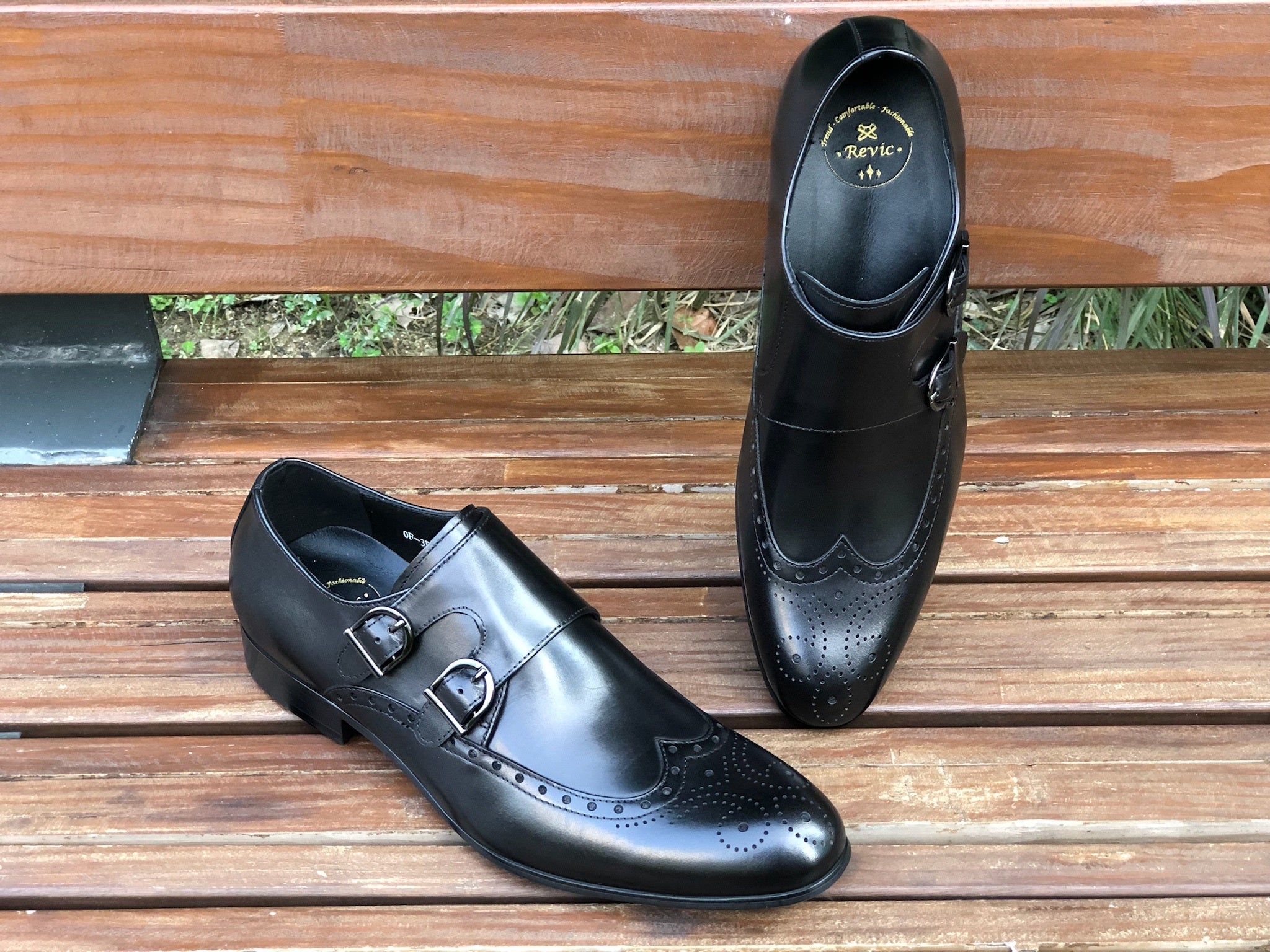 Revic Men's Leather Shoes | OF-3BK | Black Wingprint Double Buckle Leather Shoes Secondary image