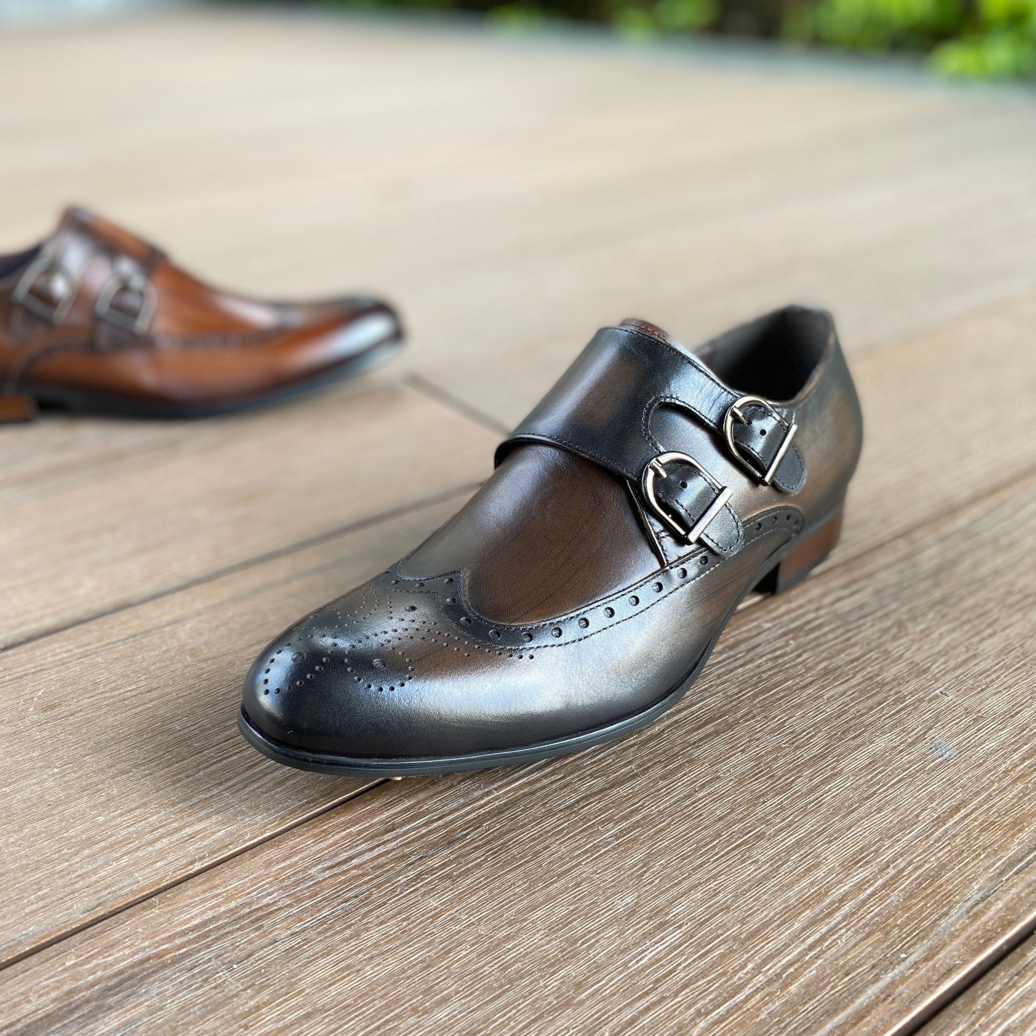 Revic Men's Leather Shoes | OF-3CP | Dark Brown Wing-Patterned Double Buckle Shoes Secondary image