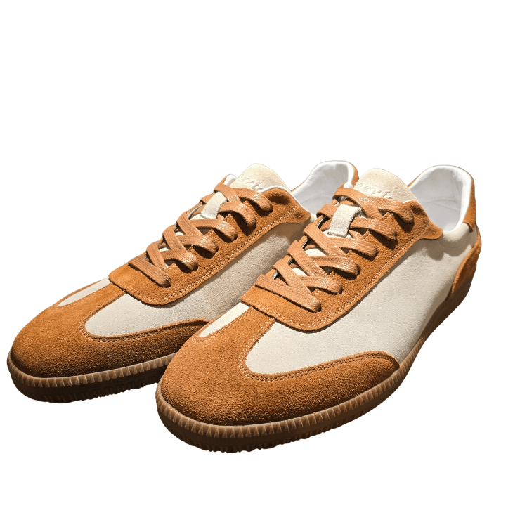 Revic Caramel Brown Suede Color Block Casual Sneakers | OFT | Off-White Earth Tone Retro Leather Sneakers | Warm-toned Unisex Footwear Secondary image